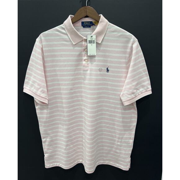 Ralph Lauren Golf Polo Mens L Large Pink White Striped Short Sleeve Cotton Shirt